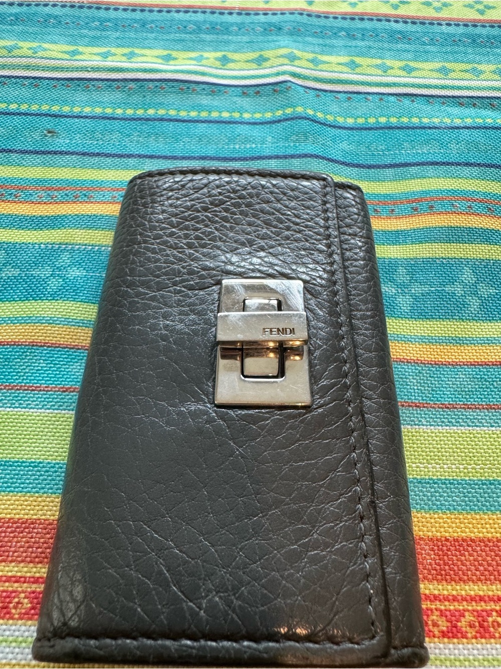 Fendi Black Pebbled Leather Key Case with Silver clasp